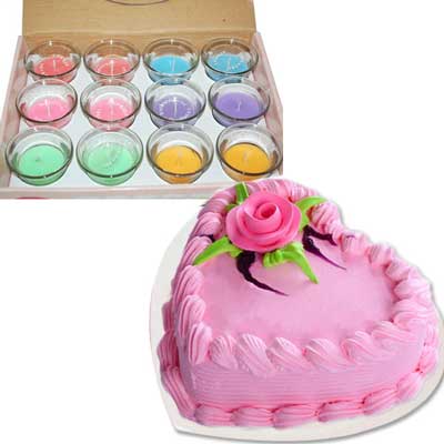 "Heart shape straw berry cake - 1kg ,Glass filled wax Candles -12 pcs - Click here to View more details about this Product